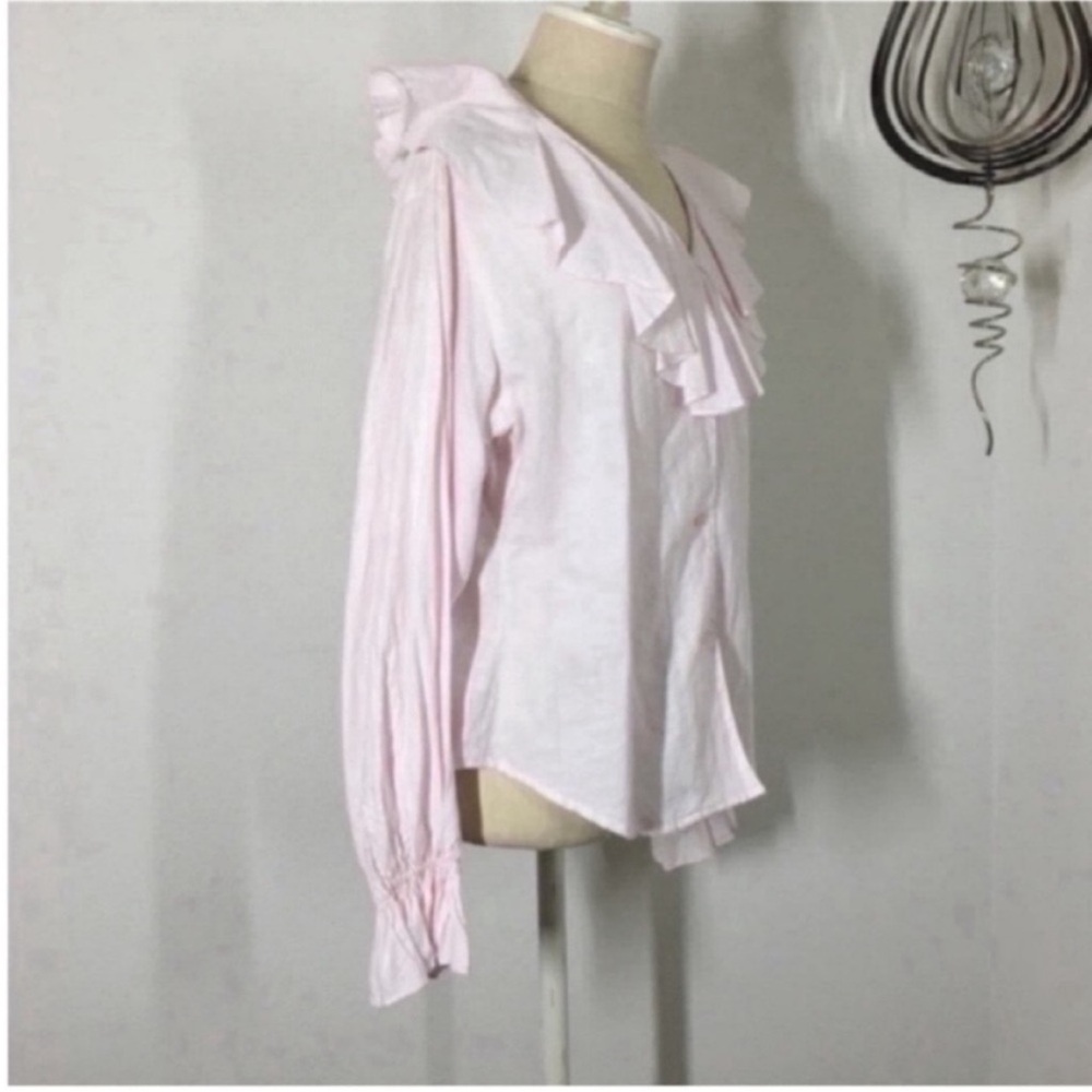 Women’s Pink Ruffle V-Neck Button Front Top - Picture 2 of 7